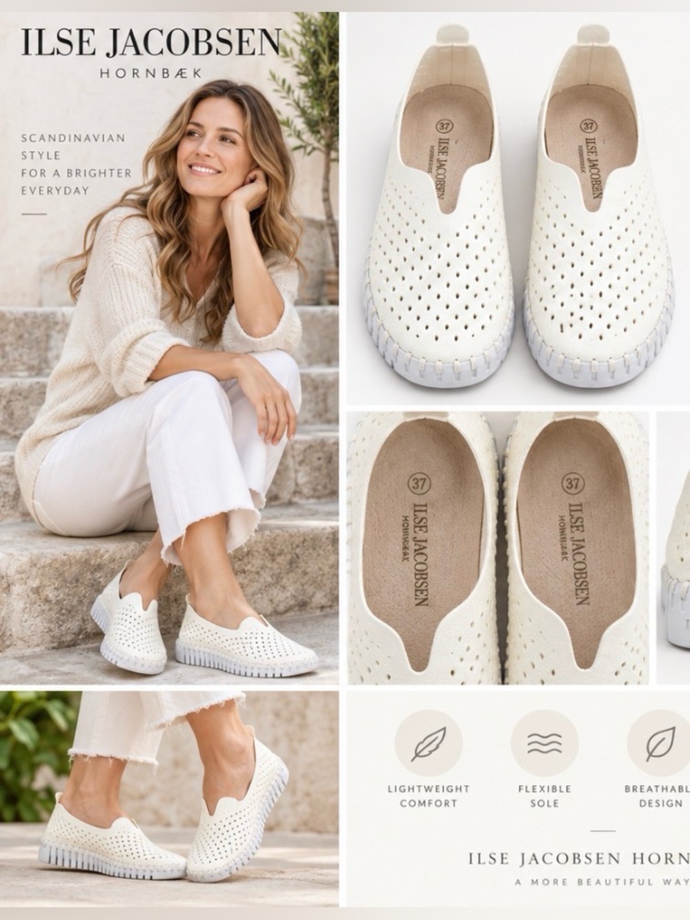 Ilse Jacobsen Tulip 139 White Perforated Slip On Shoes EU 37 US 7